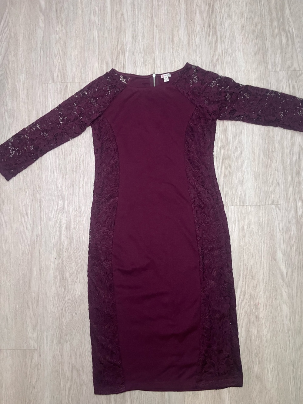 Guess Burgundy Lace-Trim Long sleeve Bodycon Dress Medium
